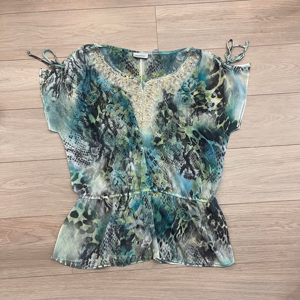 Avenue Sheer Embellished Blouse Beaded Neckline Women 14 Boho Resort Tropical